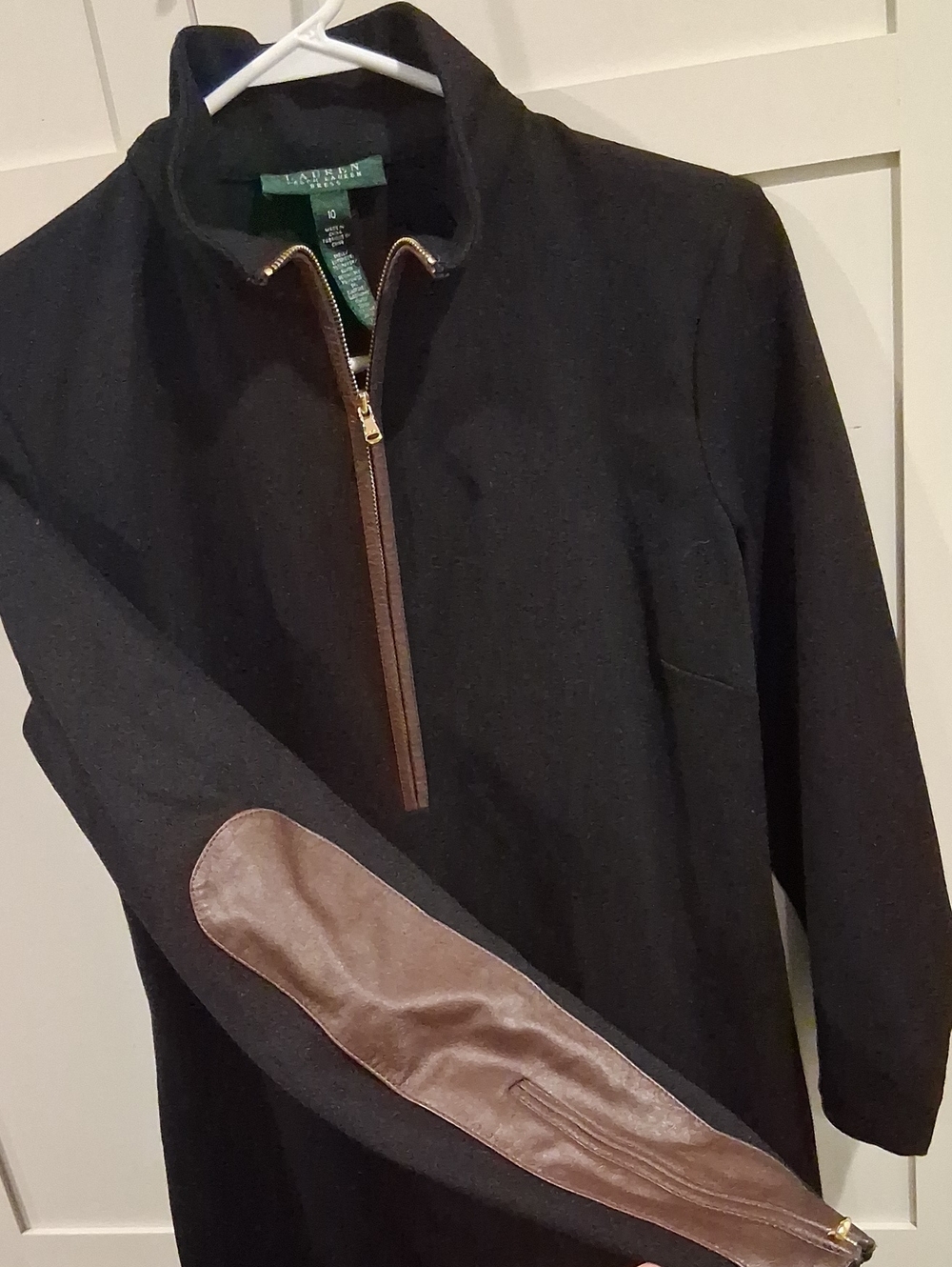 Lauren Ralph Lauren Black Zip-Neck Dress with Brown Elbow Patches